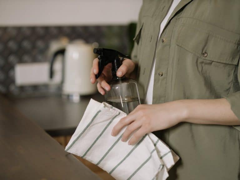 Cet espace oublié de votre cuisine abrite plus de bactéries qu’un WC public : l’évier, danger insoupçonné pour votre santé A person cleaning a kitchen counter with a spray bottle and cloth, maintaining cleanliness.