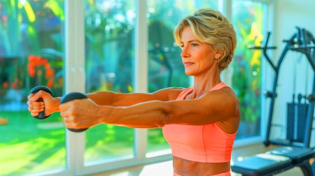 Attention choc : découvrez ces exercices infaillibles pour transformer vos bras chauve-souris après 50 ans et retrouver une silhouette affinée et tonique Illustration de bras toniques et affinés après 50 ans grâce à des exercices ciblés. Image réalisée par IA.