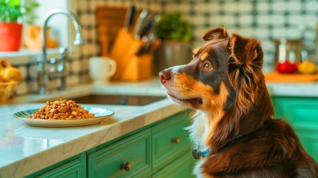 Laisser son chien lécher cette assiette : une habitude insoupçonnée qui pourrait mettre en péril votre santé et celle de vos proches dans votre propre cuisine Illustration de l'impact des mauvaises pratiques d'hygiène avec les animaux de compagnie sur la santé domestique. Image réalisée par IA.