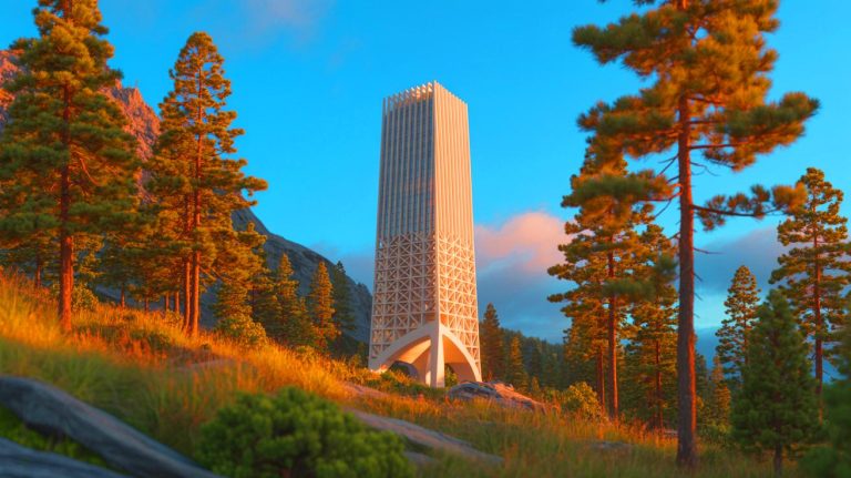 Un exploit vertigineux en haute altitude : découvrez cette tour imprimée en 3D défiant les sommets alpins avec ses 57 mètres de prouesse architecturale Illustration de la Tour Blanche imprimée en 3D dans le village de Mulegns, Suisse. Image réalisée par IA.