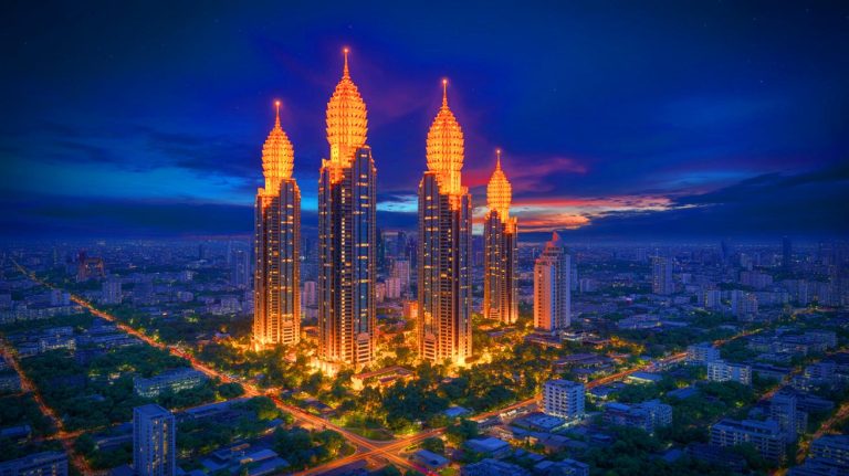 « Ces monstres lumineux vont changer votre vision de l’architecture » : la Thaïlande s’embrase avec les lanternes géantes du Heatherwick Studio Illustration de tours Hatai inspirées des lanternes traditionnelles thaïlandaises, générée par intelligence artificielle.