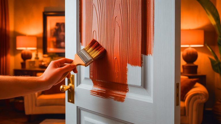 Avant-après : cette peinture transforme votre salon en forêt enchantée et « change votre vie » selon un expert déco Illustration de la transformation d'une porte blanche en un effet bois chaleureux avec un produit DIY.