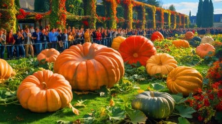 Illustration de potirons géants présentés lors du concours national des légumes géants à la Roche-sur-Yon.