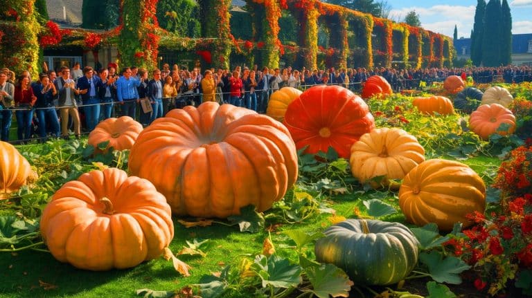 Voici la compétition secrète qui bouleverse la France : des potirons géants de 400 kg prêtent à tout exploser ! Illustration de potirons géants présentés lors du concours national des légumes géants à la Roche-sur-Yon.