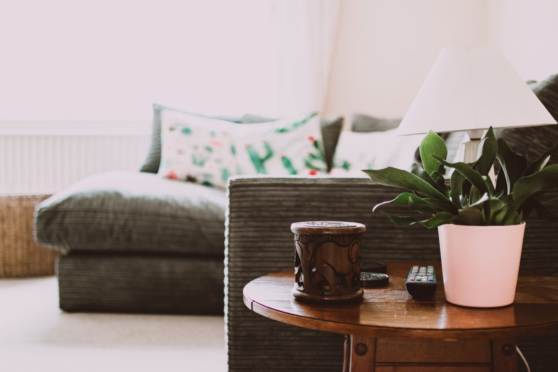 Table d’appoint en bois avec plante verte, télécommande et lampe devant un canapé gris dans un salon lumineux.